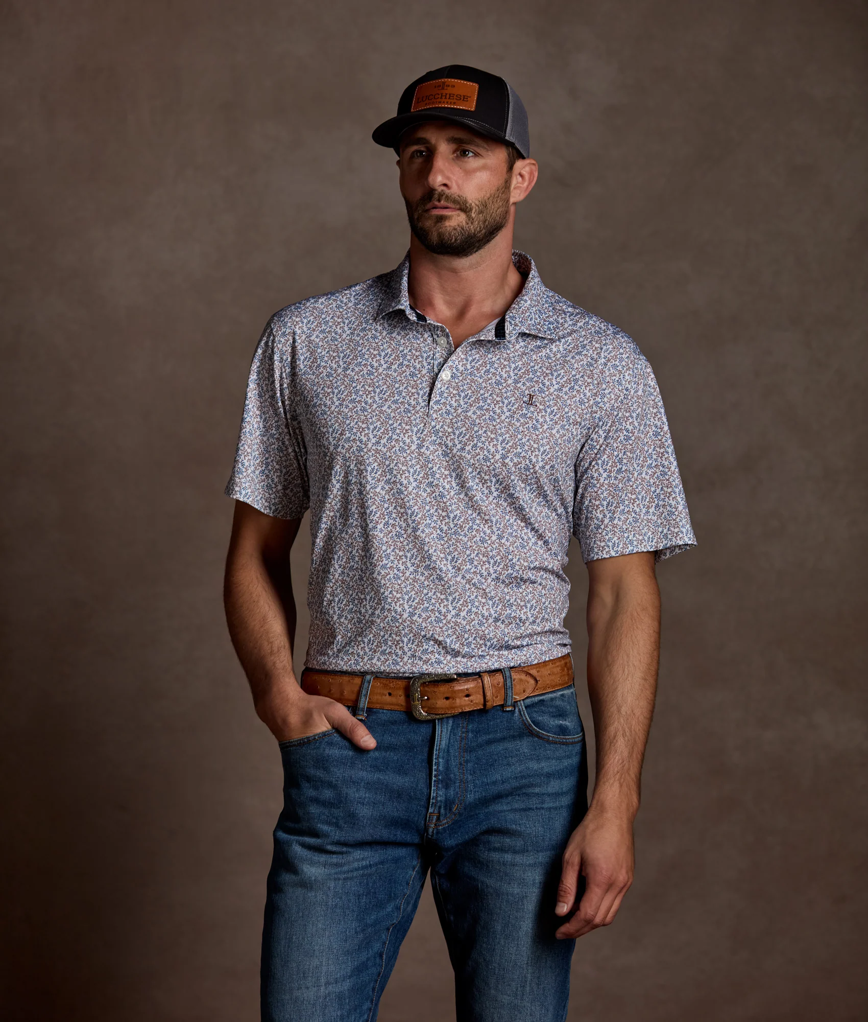Lucchese Golf Polo :: Brown And Blue Floral - Image 4