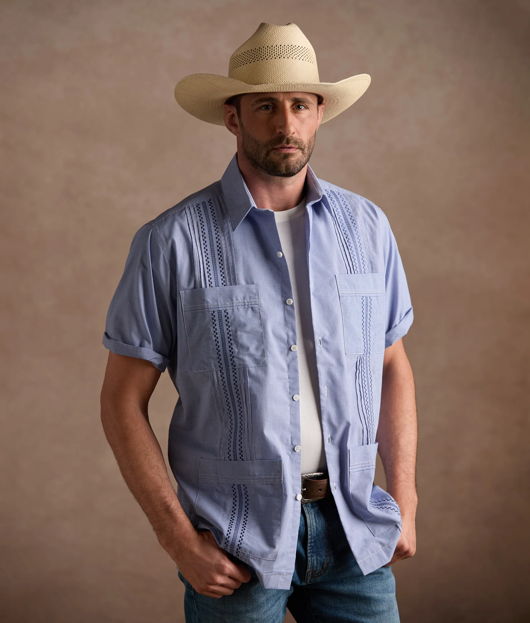 Guayabera Shirt :: Light Blue And White Gingham - Image 3